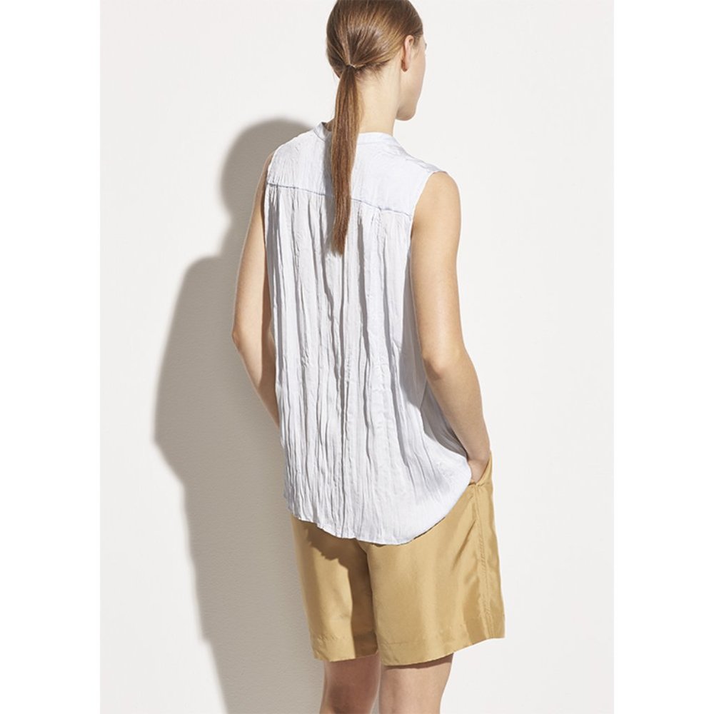 NWT Vince Sleeveless Crushed Satin Band Collar Blouse Powder Blue X Large XL - Picture 2 of 11
